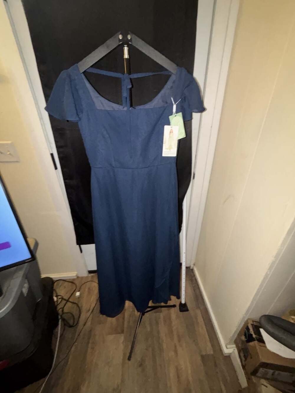 Junior Bridesmaid Dress Navy Blue Square Neck Flutter Sleeve Maxi Dress with Tie